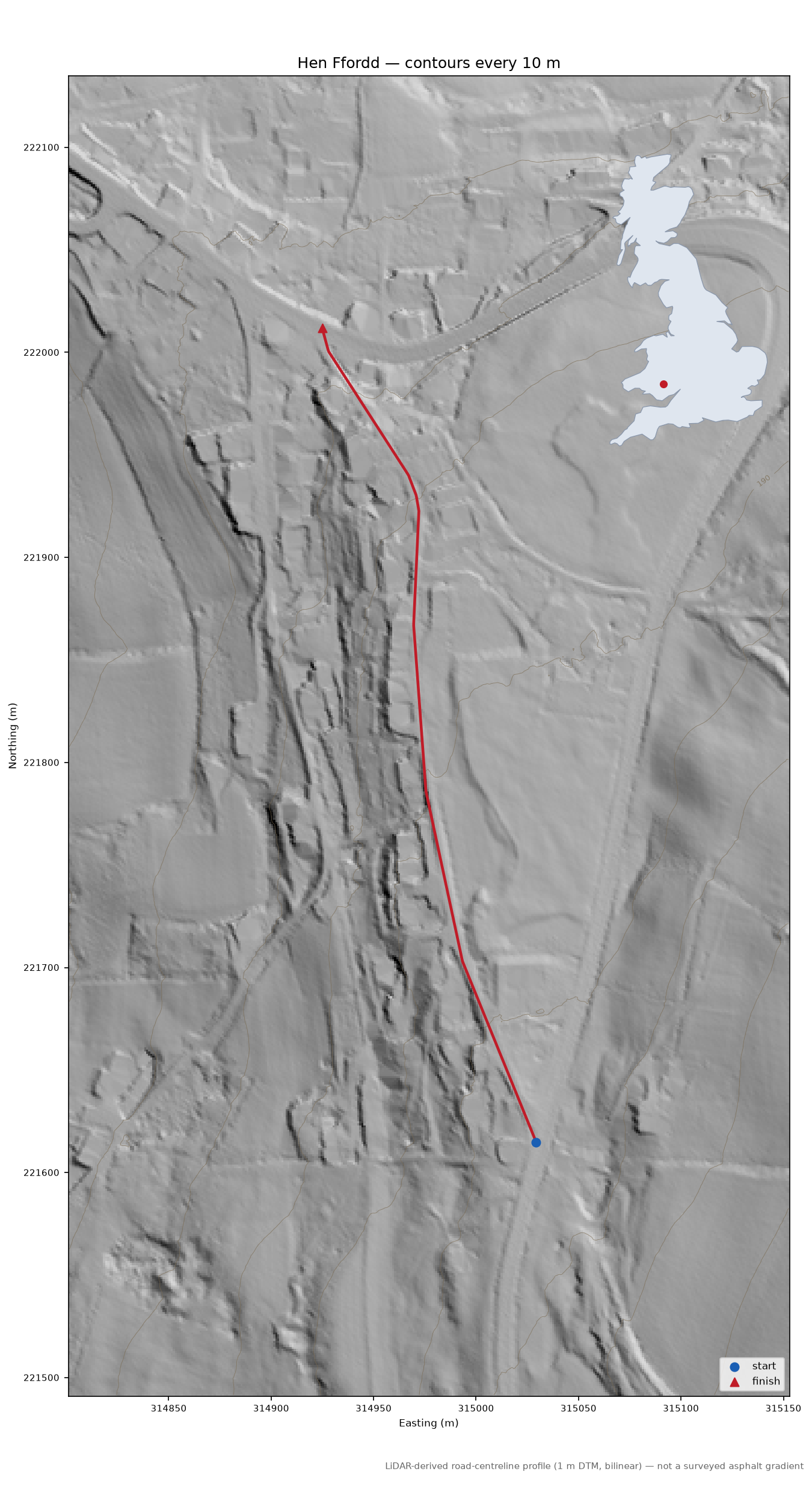 Hen Ffordd LiDAR hillshade map with contours