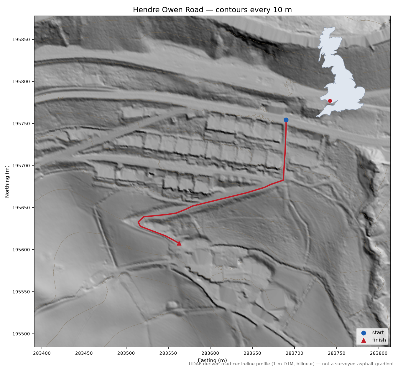 Hendre Owen Road LiDAR hillshade map with contours