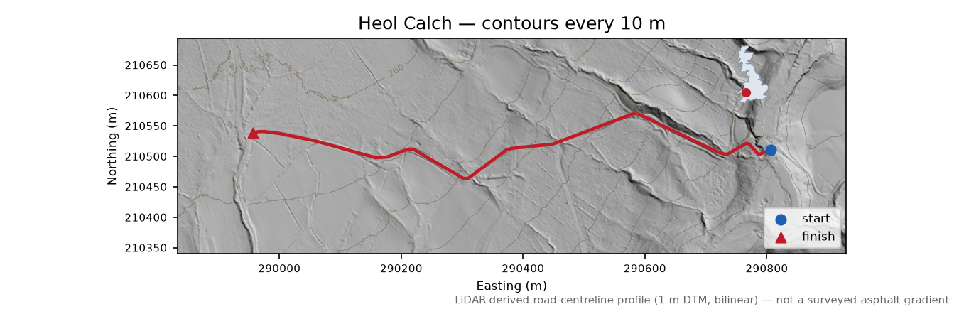 Heol Calch LiDAR hillshade map with contours
