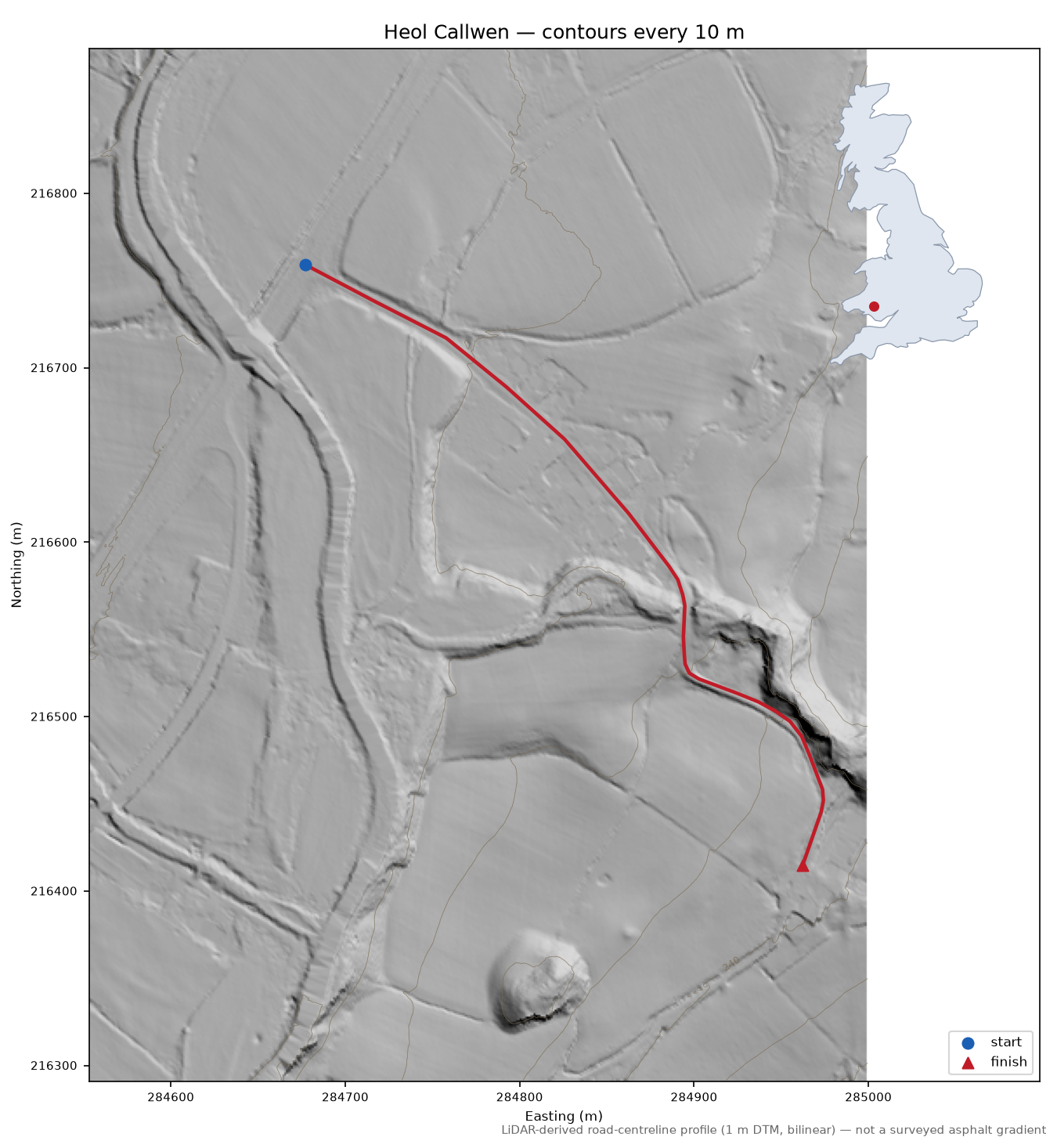 Heol Callwen LiDAR hillshade map with contours