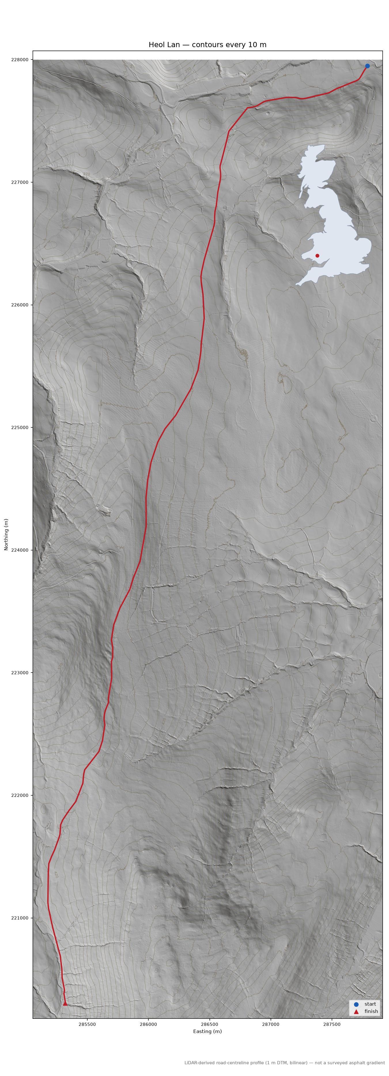 Heol Lan LiDAR hillshade map with contours