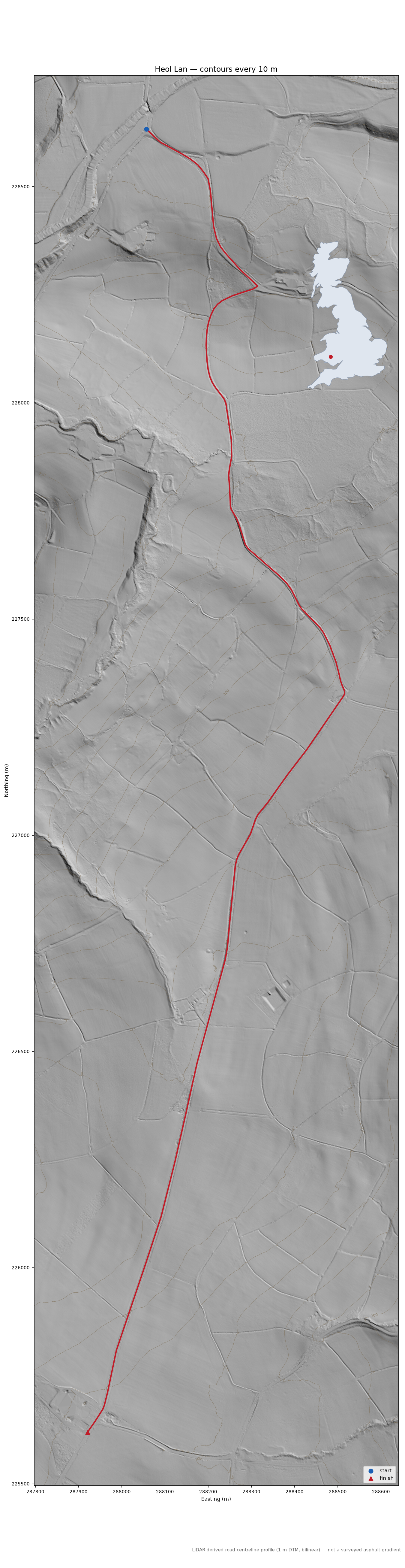 Heol Lan LiDAR hillshade map with contours