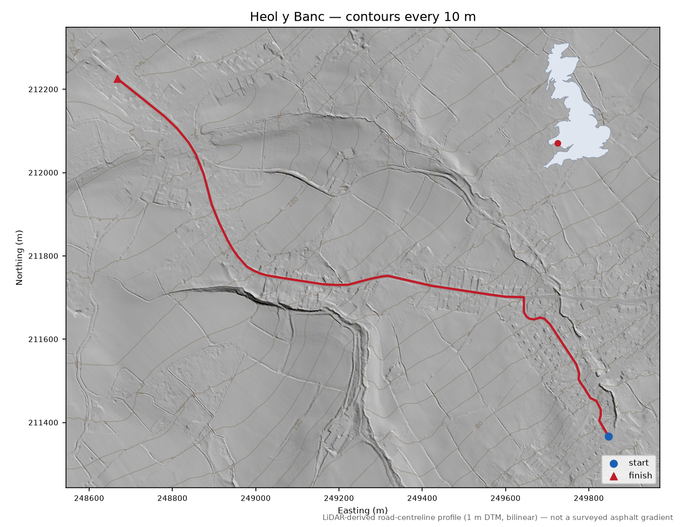 Heol y Banc LiDAR hillshade map with contours