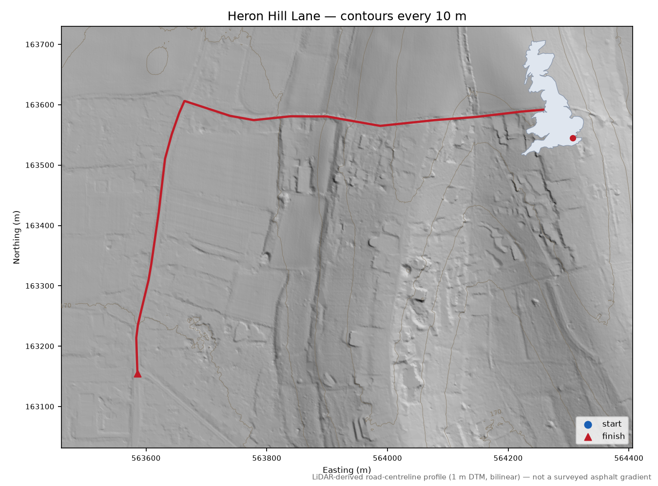 Heron Hill Lane LiDAR hillshade map with contours
