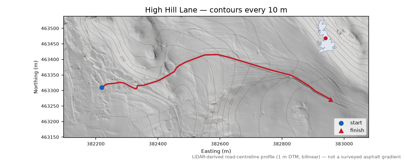 High Hill Lane LiDAR hillshade map with contours