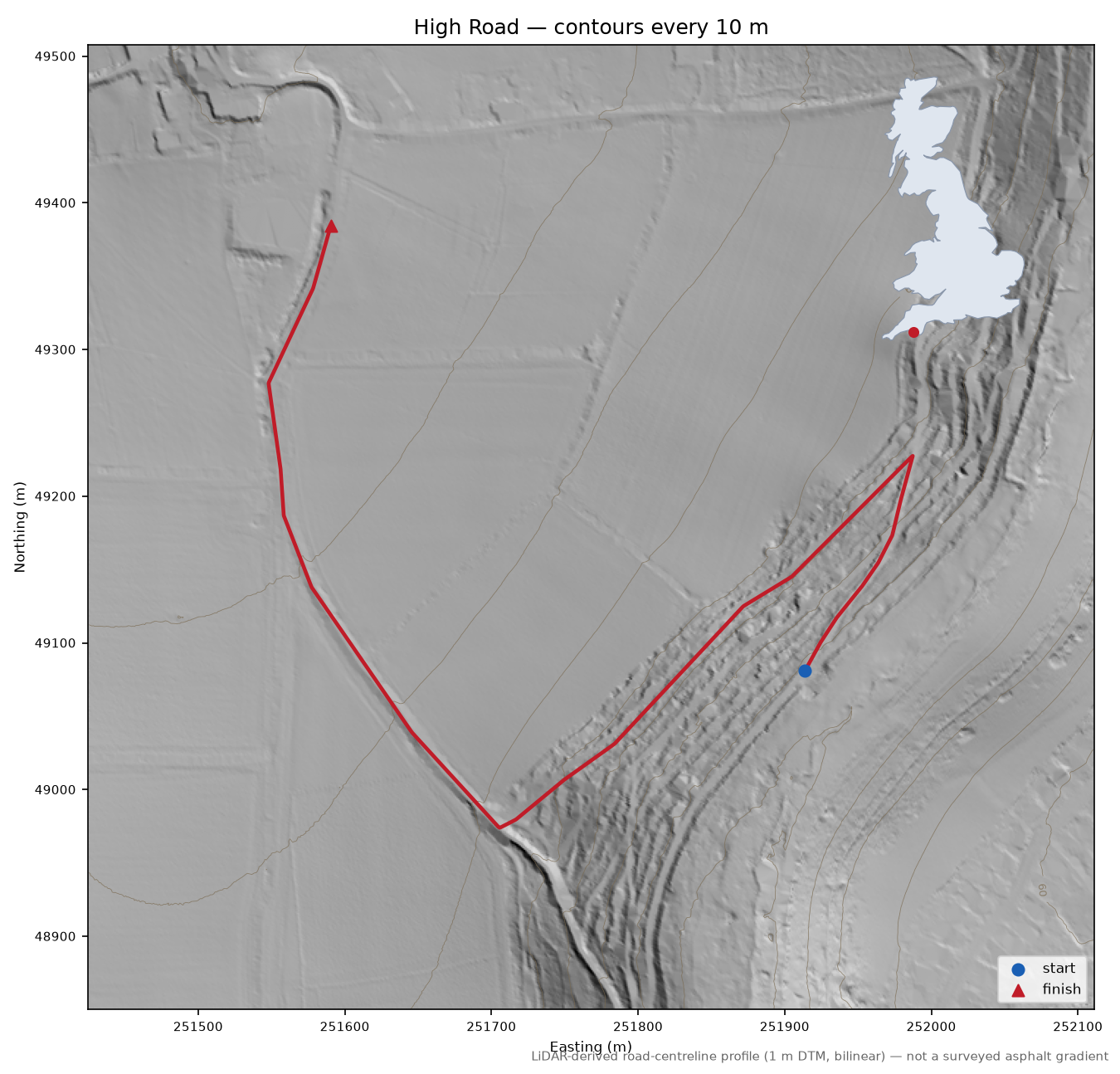 High Road LiDAR hillshade map with contours