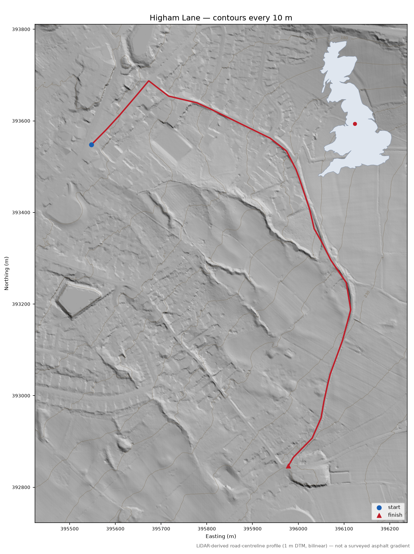 Higham Lane LiDAR hillshade map with contours