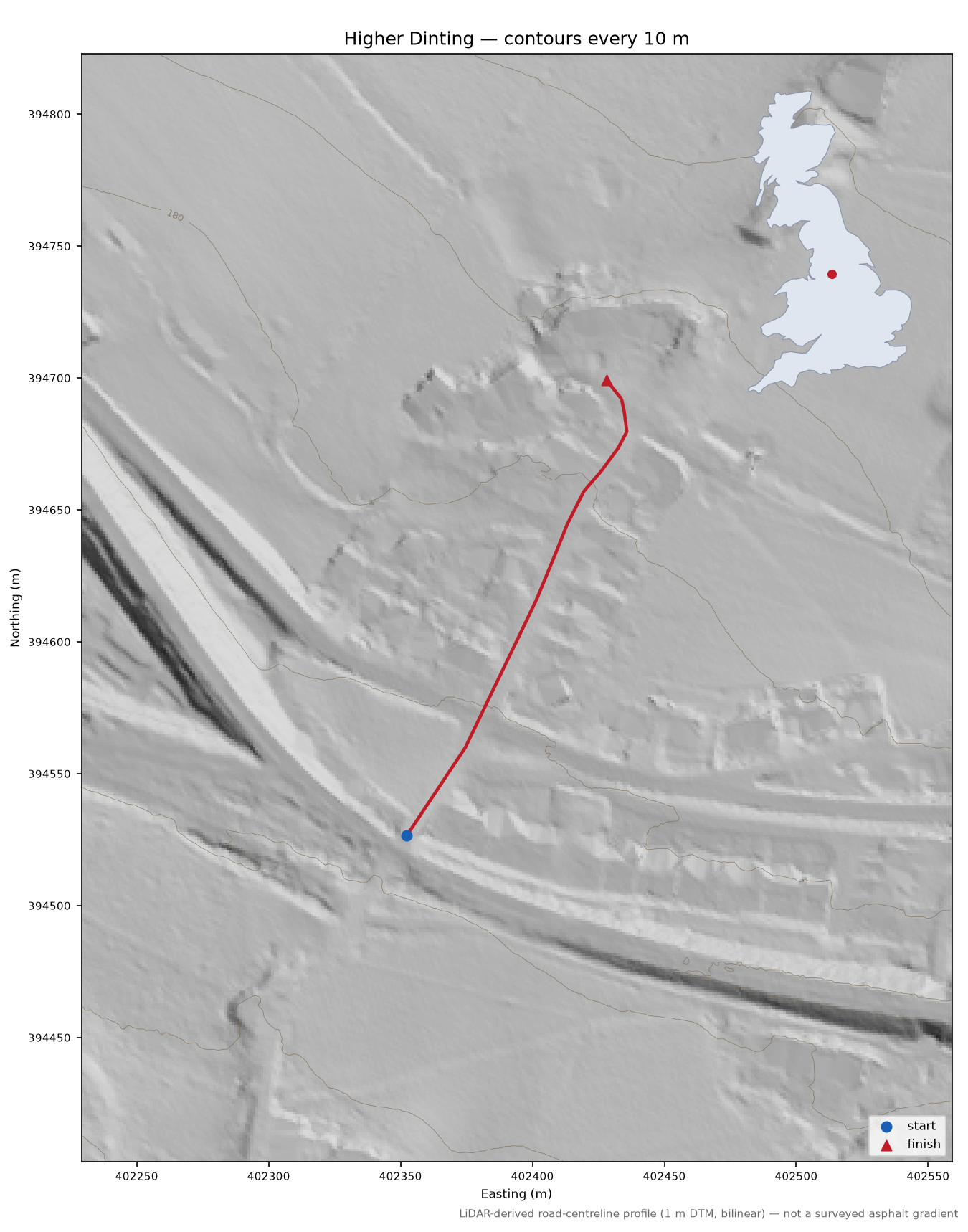 Higher Dinting LiDAR hillshade map with contours