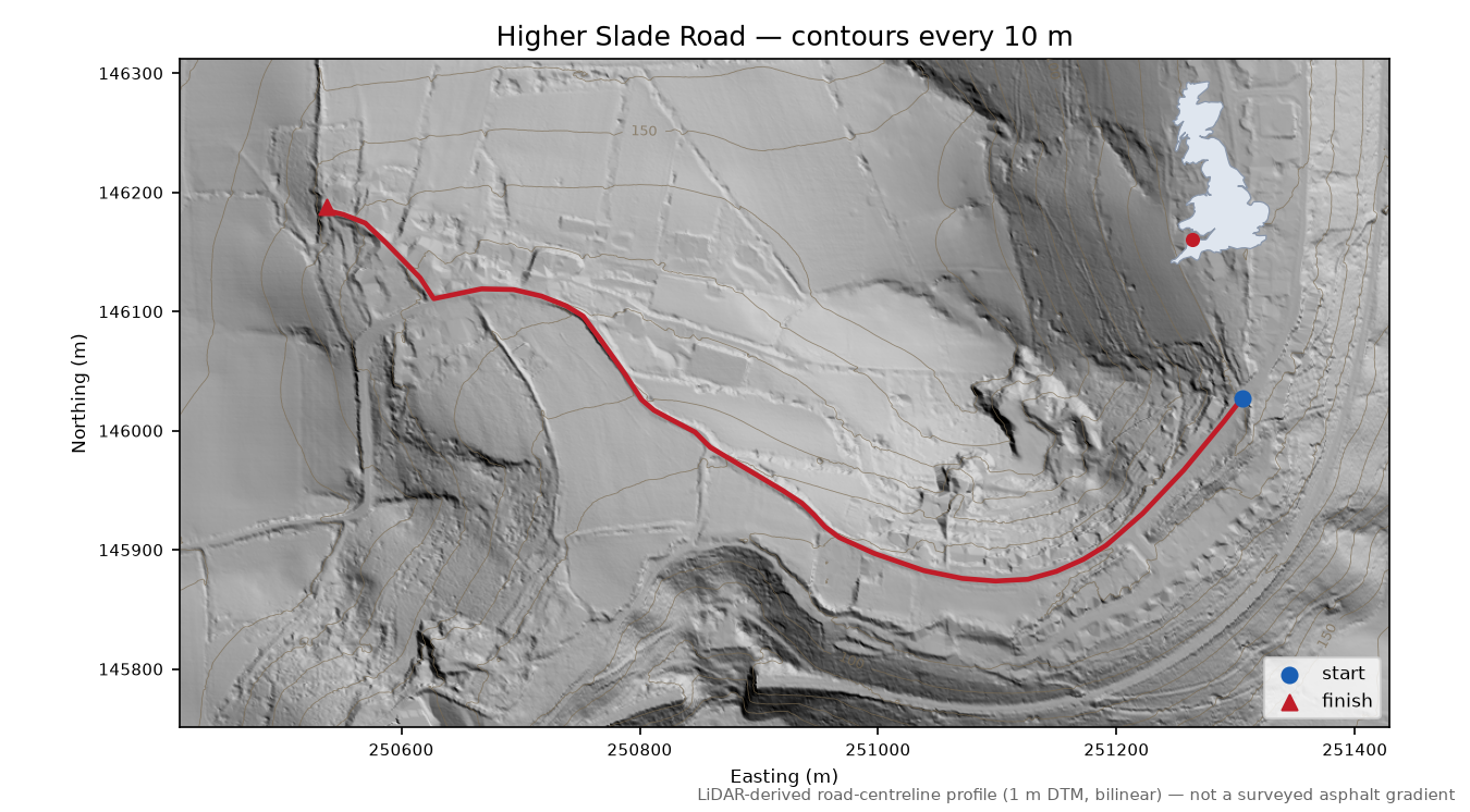 Higher Slade Road LiDAR hillshade map with contours