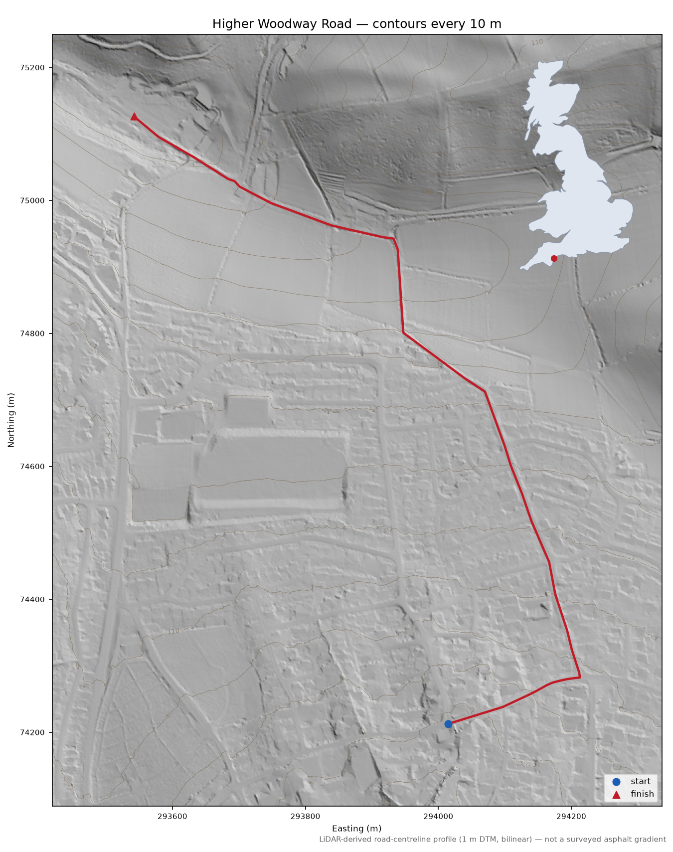 Higher Woodway Road LiDAR hillshade map with contours
