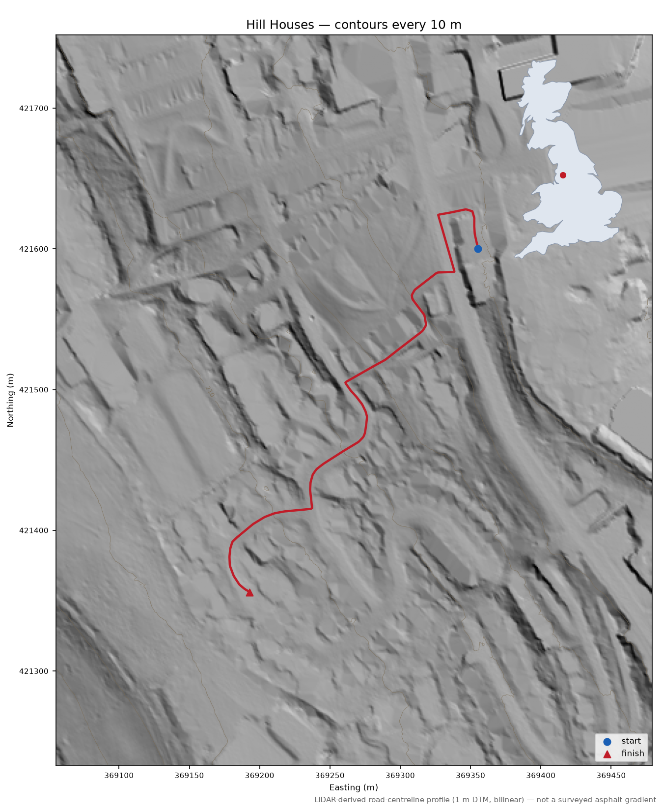 Hill Houses LiDAR hillshade map with contours