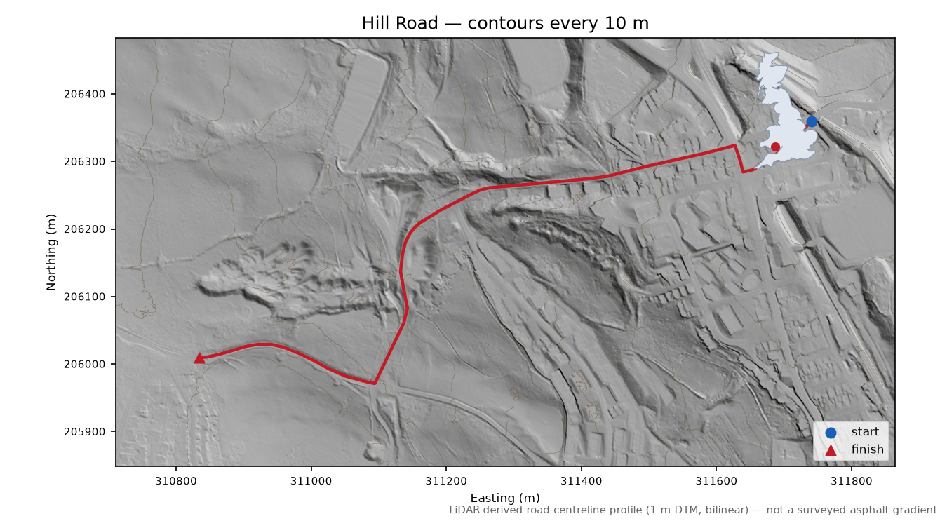 Hill Road LiDAR hillshade map with contours