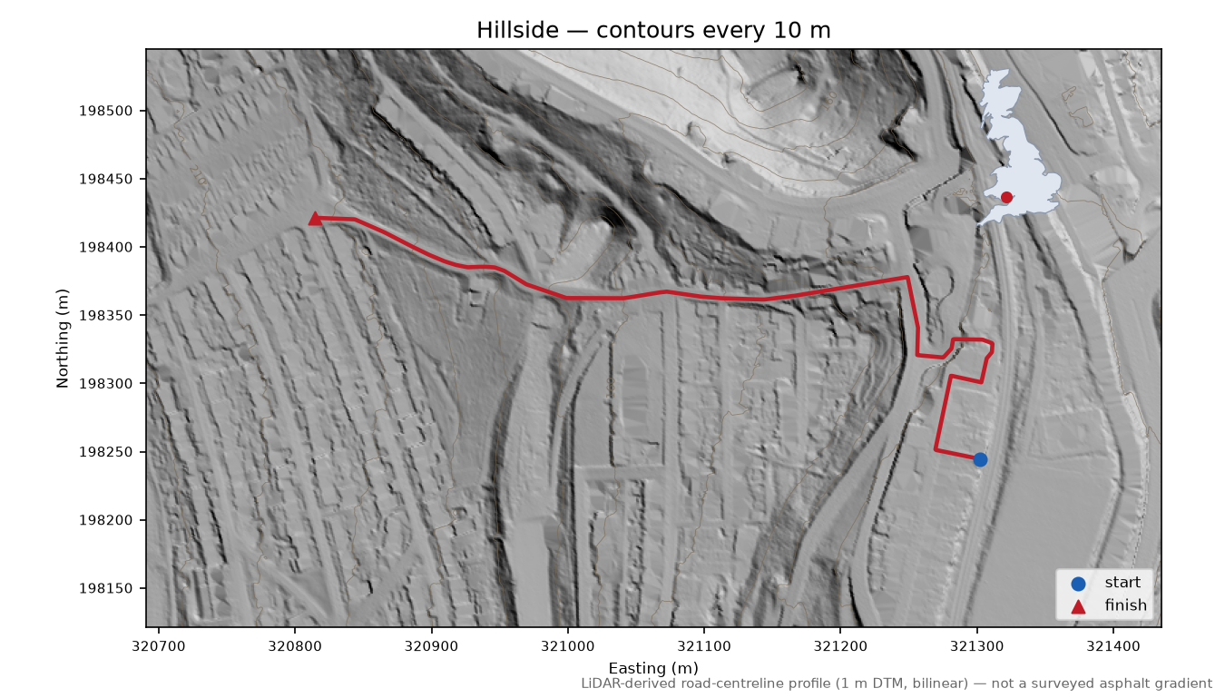 Hillside LiDAR hillshade map with contours