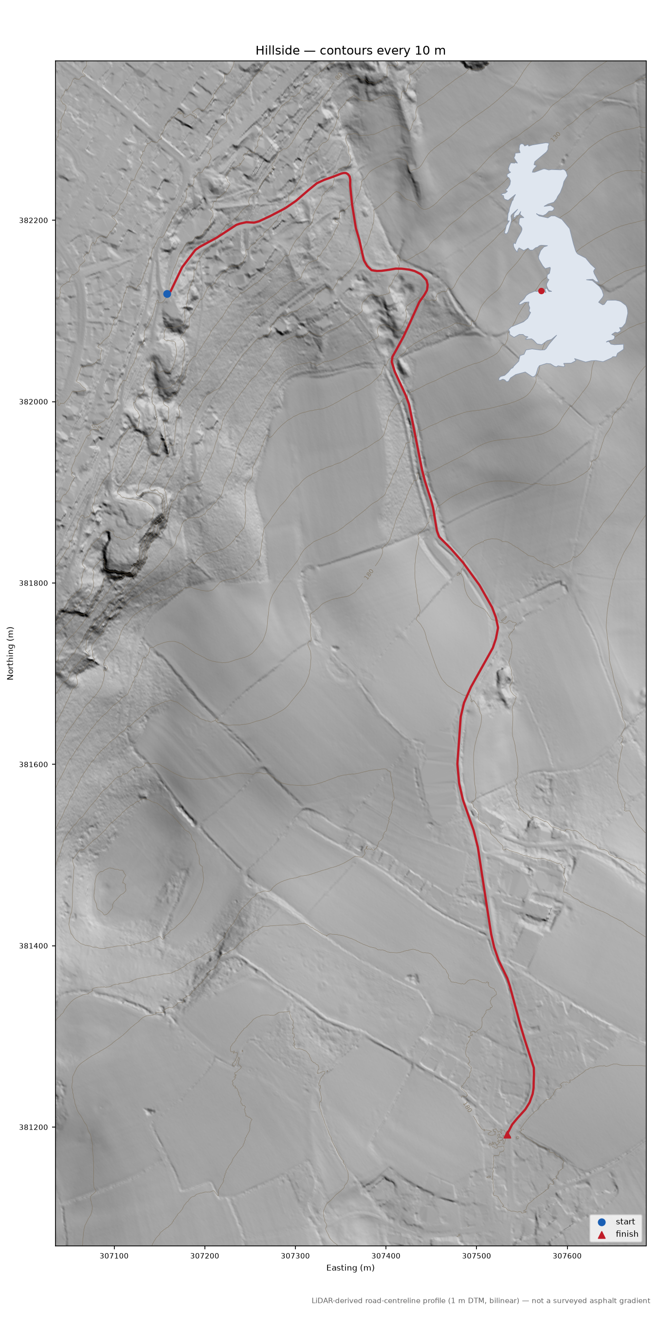 Hillside LiDAR hillshade map with contours