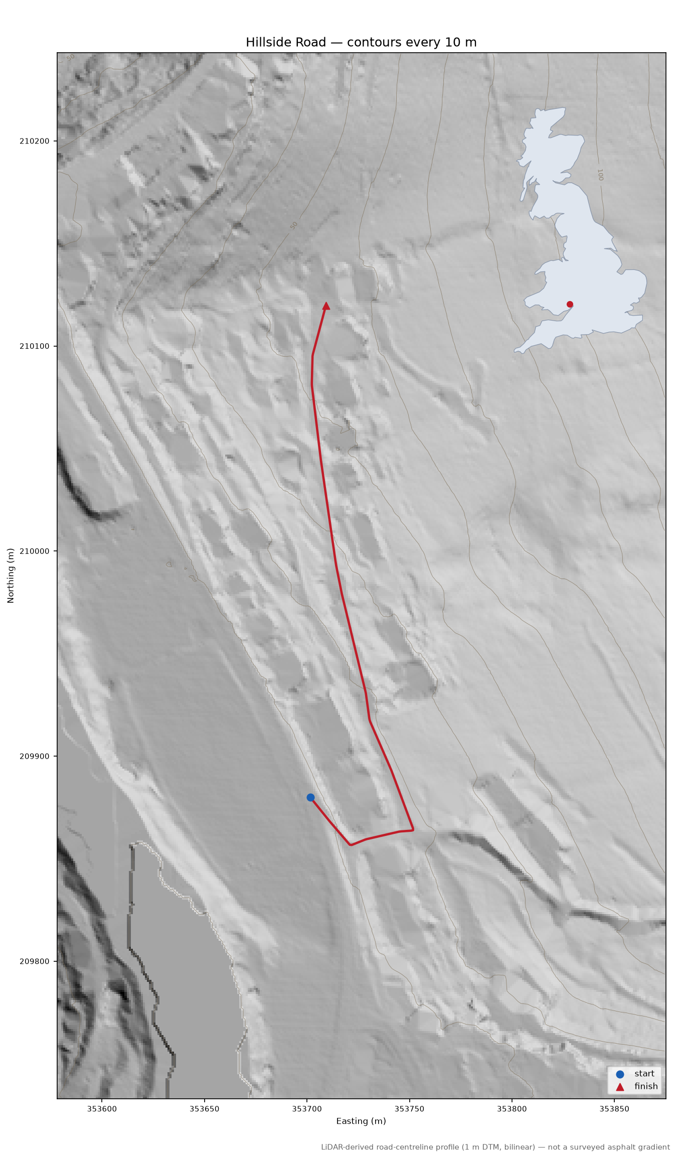 Hillside Road LiDAR hillshade map with contours