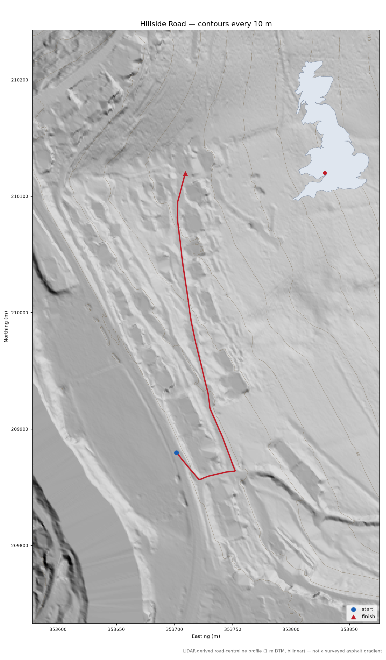 Hillside Road LiDAR hillshade map with contours