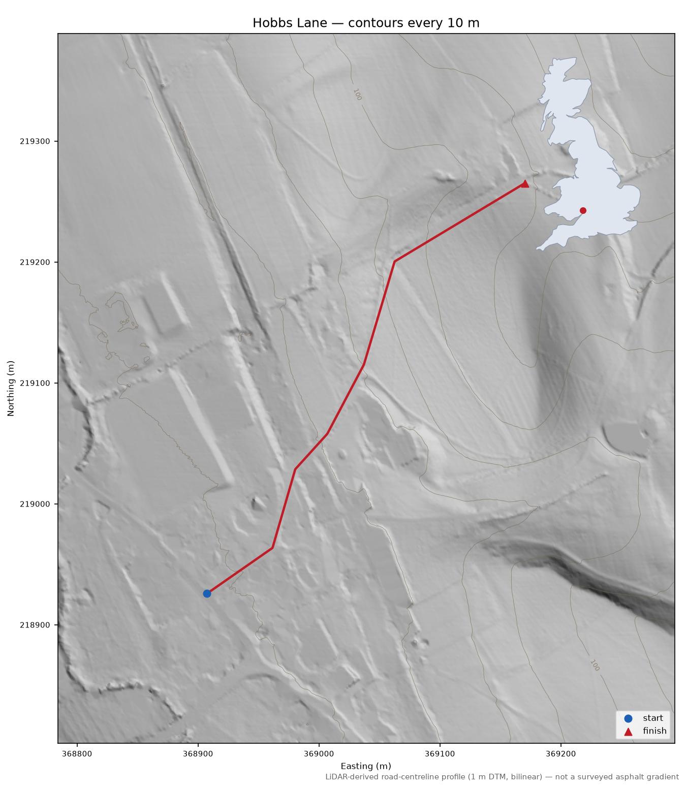 Hobbs Lane LiDAR hillshade map with contours