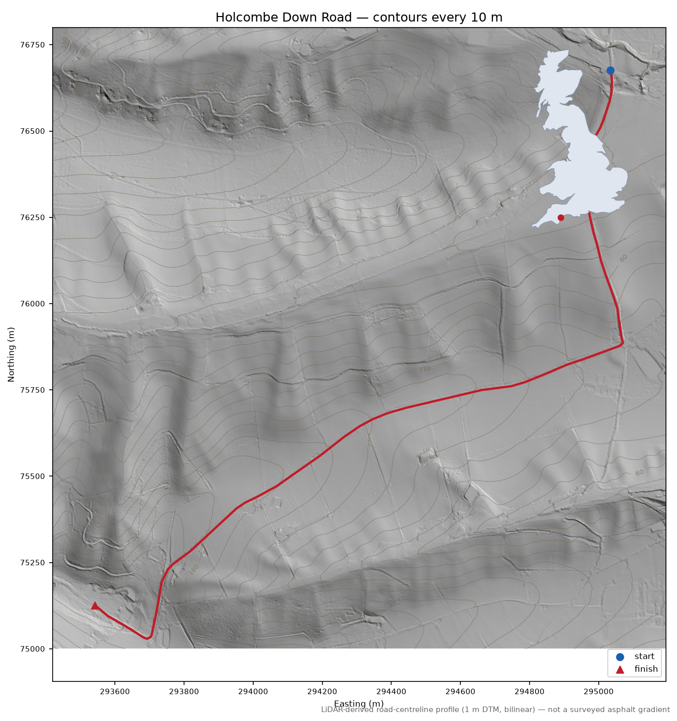 Holcombe Down Road LiDAR hillshade map with contours