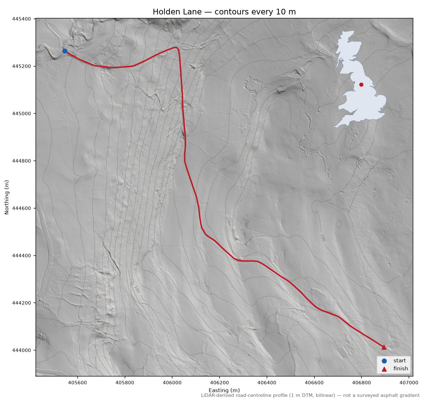 Holden Lane LiDAR hillshade map with contours