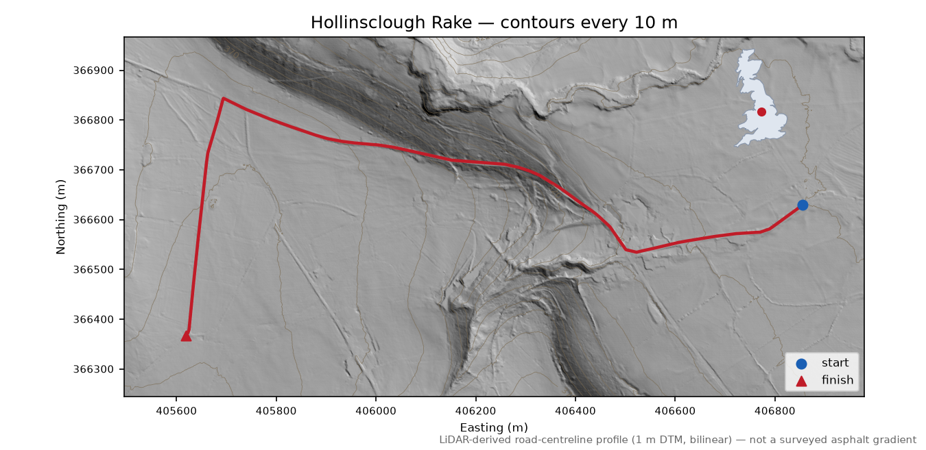 Hollinsclough Rake LiDAR hillshade map with contours