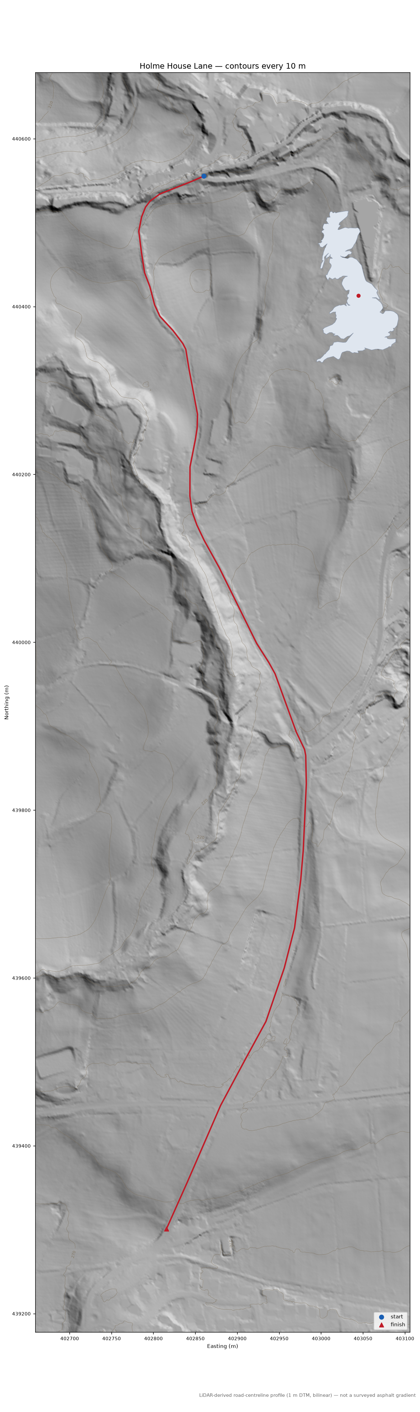 Holme House Lane LiDAR hillshade map with contours