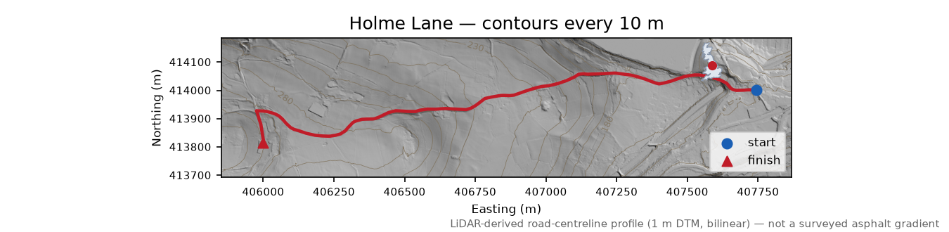 Holme Lane LiDAR hillshade map with contours