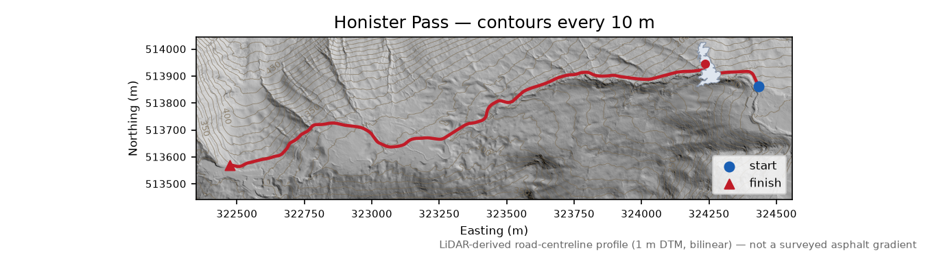 Honister Pass LiDAR hillshade map with contours