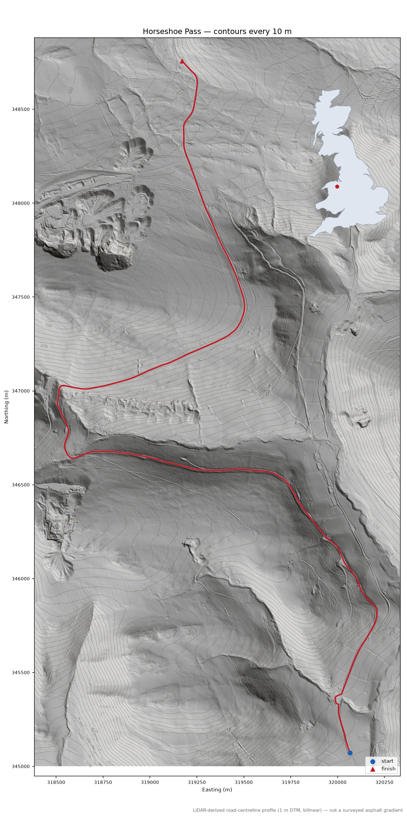 Horseshoe Pass LiDAR hillshade map with contours