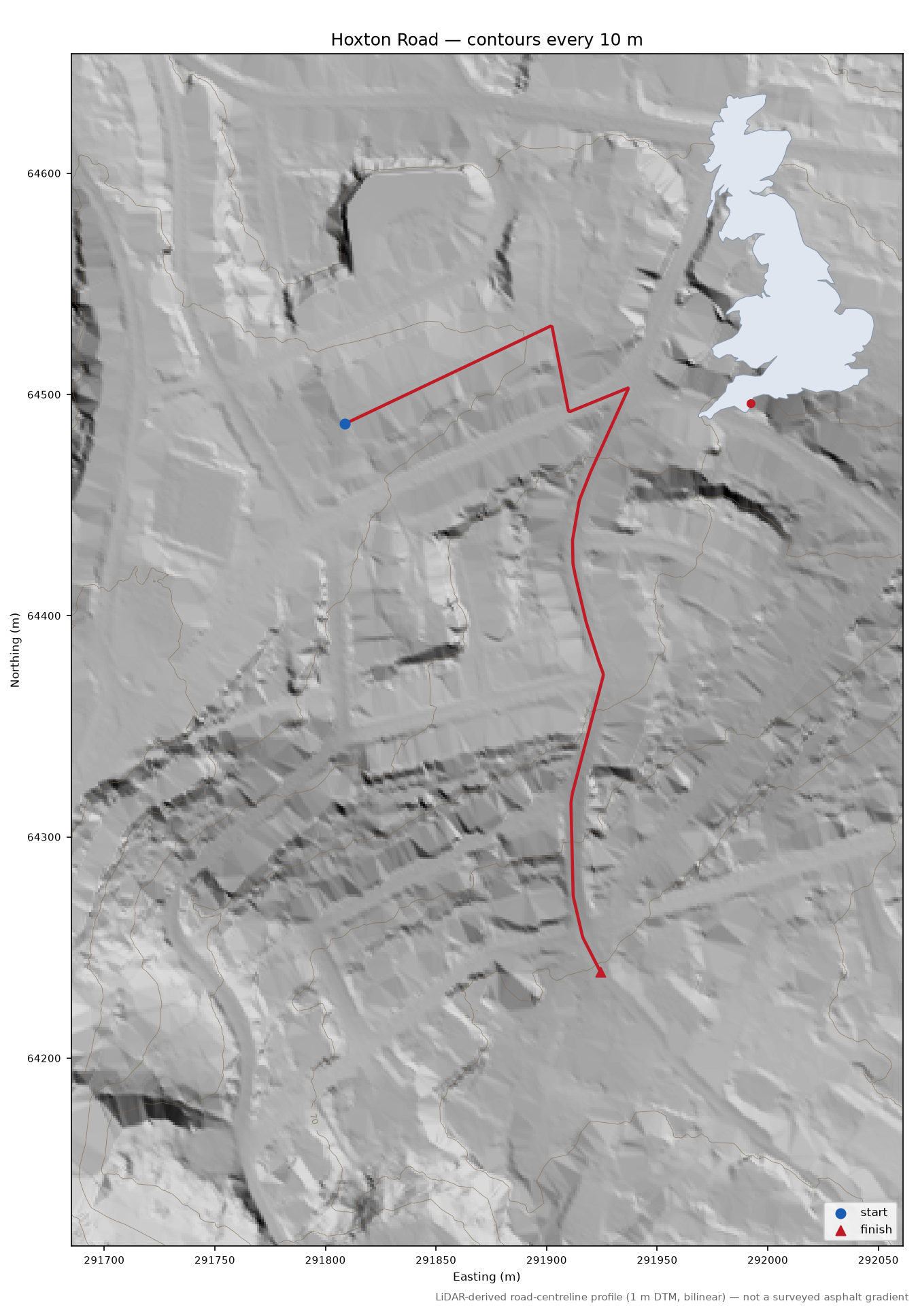 Hoxton Road LiDAR hillshade map with contours