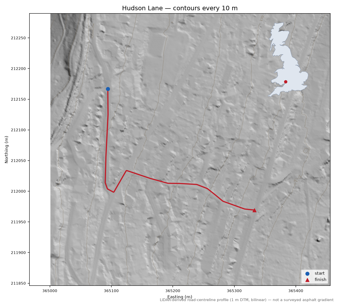 Hudson Lane LiDAR hillshade map with contours