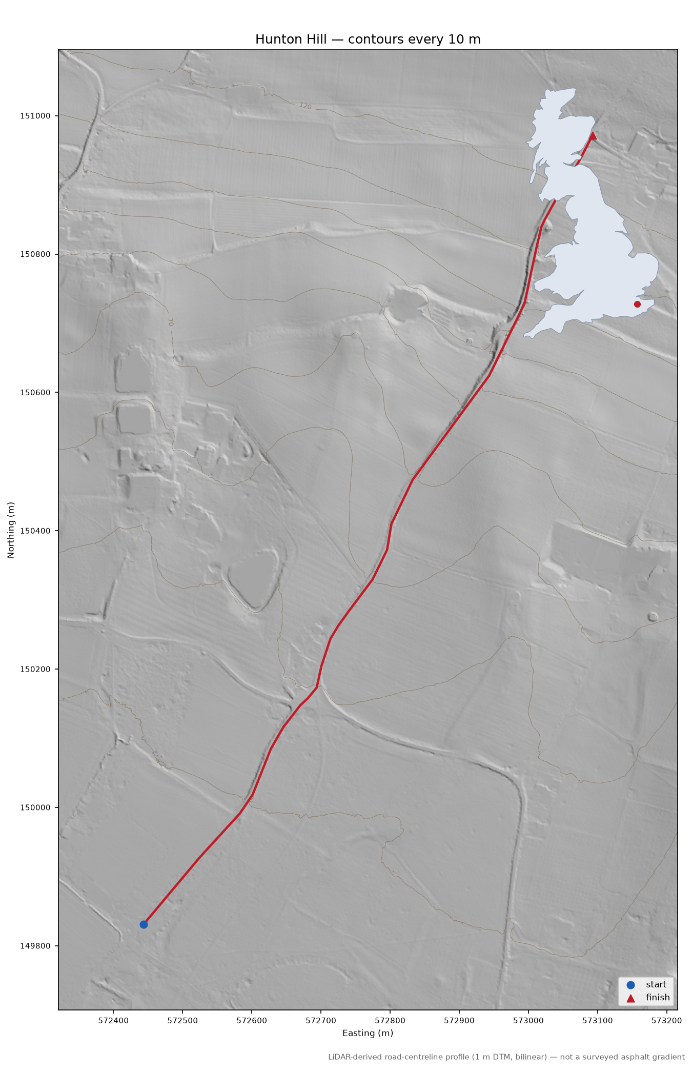 Hunton Hill LiDAR hillshade map with contours
