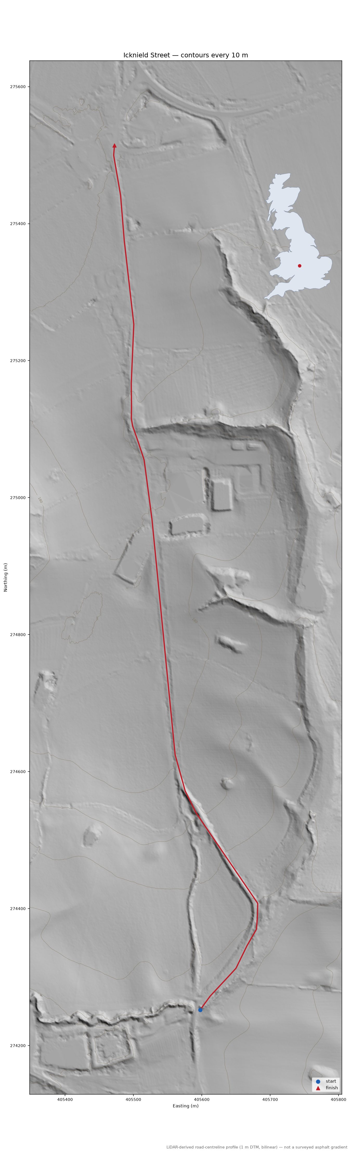 Icknield Street LiDAR hillshade map with contours