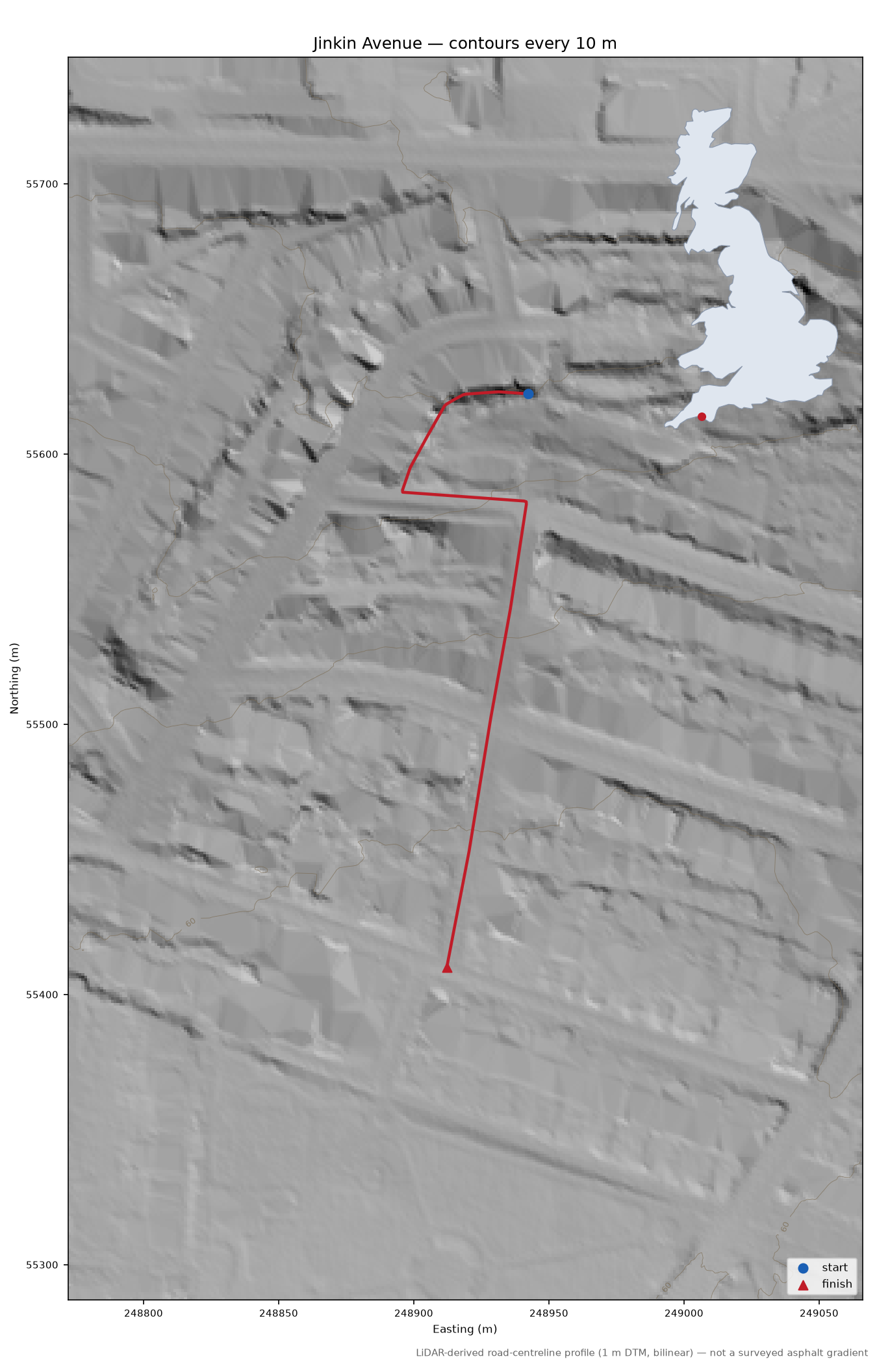 Jinkin Avenue LiDAR hillshade map with contours