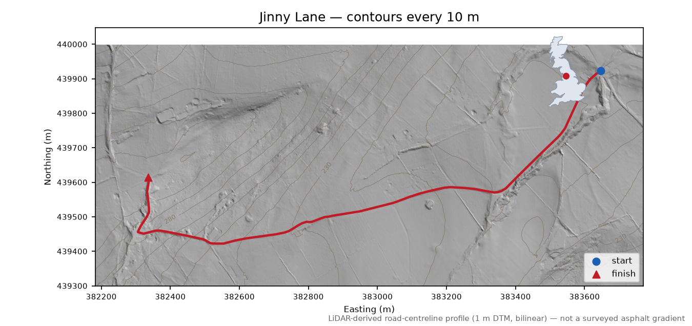 Jinny Lane LiDAR hillshade map with contours