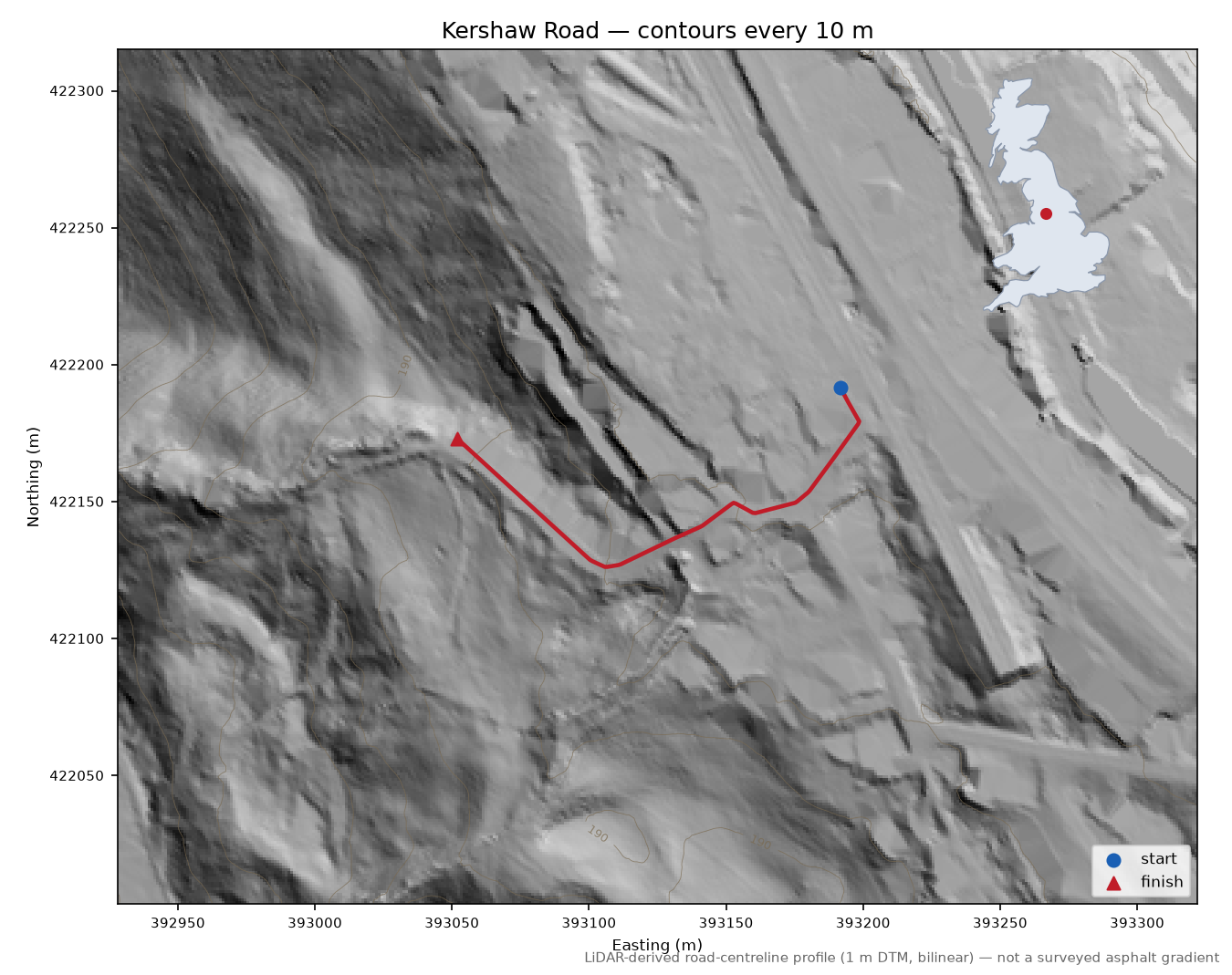 Kershaw Road LiDAR hillshade map with contours