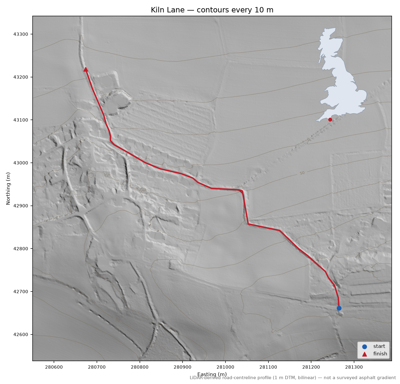 Kiln Lane LiDAR hillshade map with contours