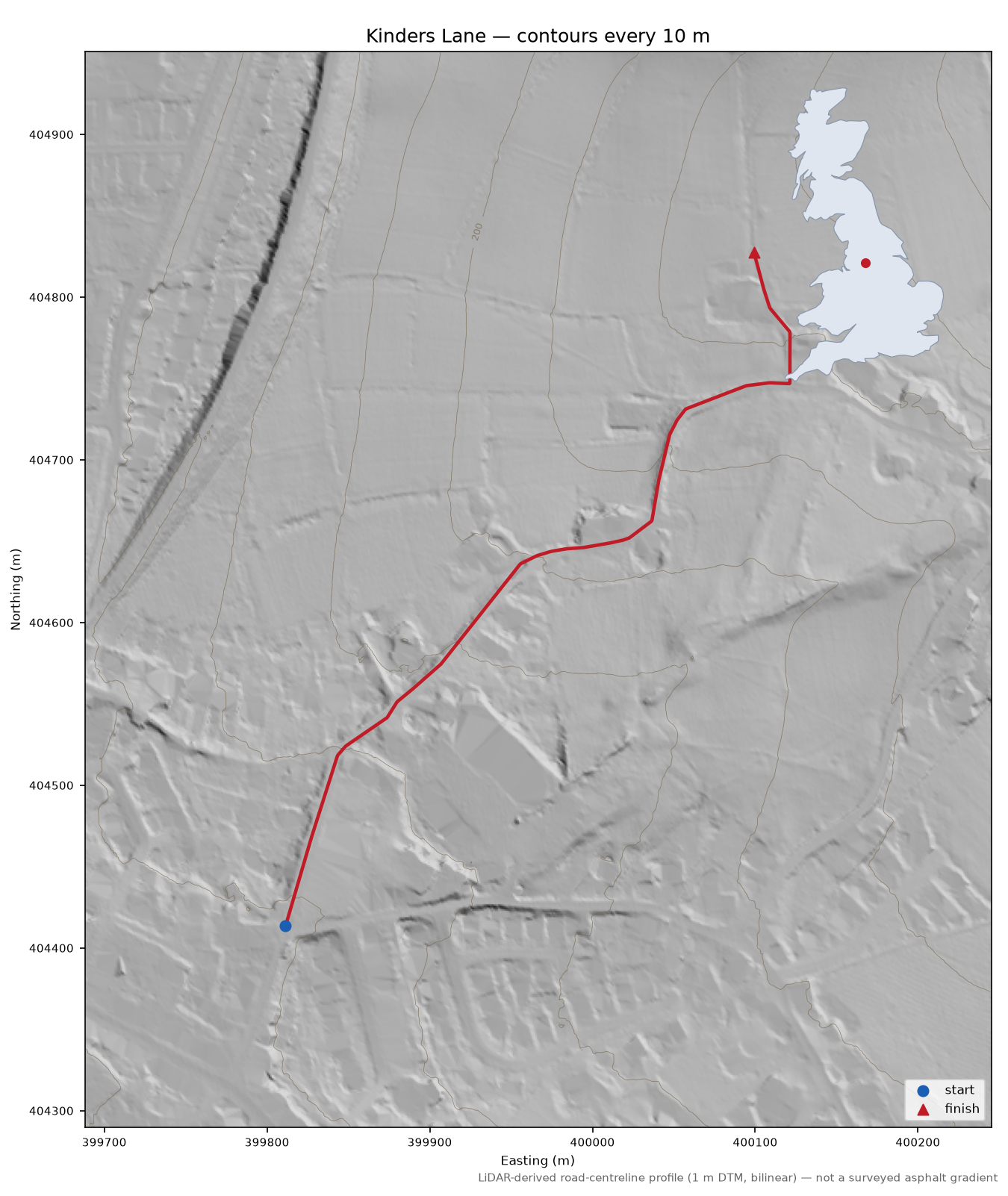 Kinders Lane LiDAR hillshade map with contours