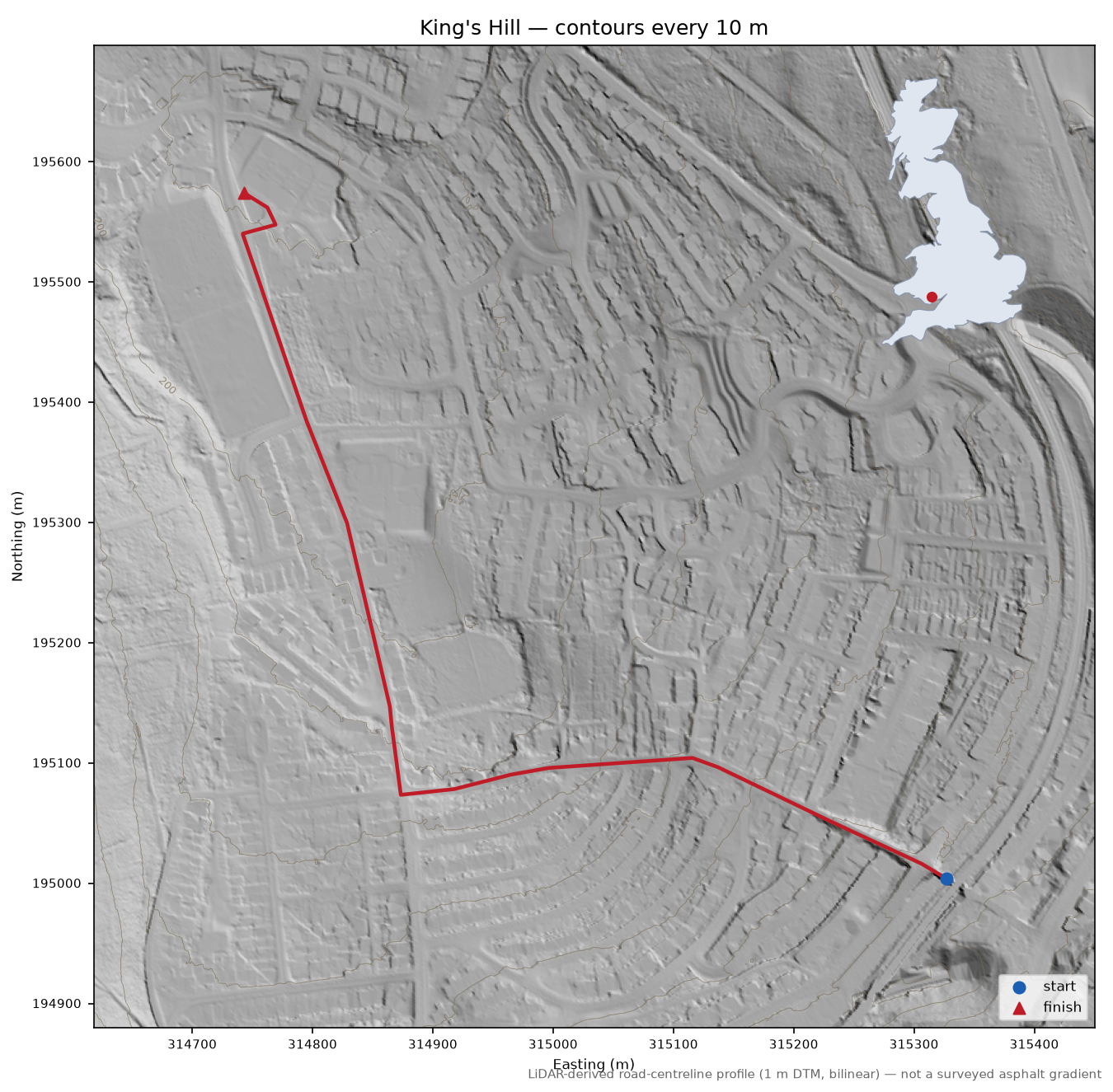 King's Hill LiDAR hillshade map with contours