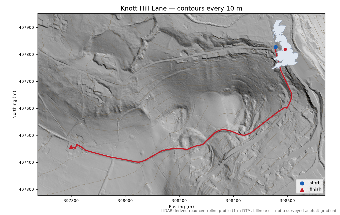 Knott Hill Lane LiDAR hillshade map with contours