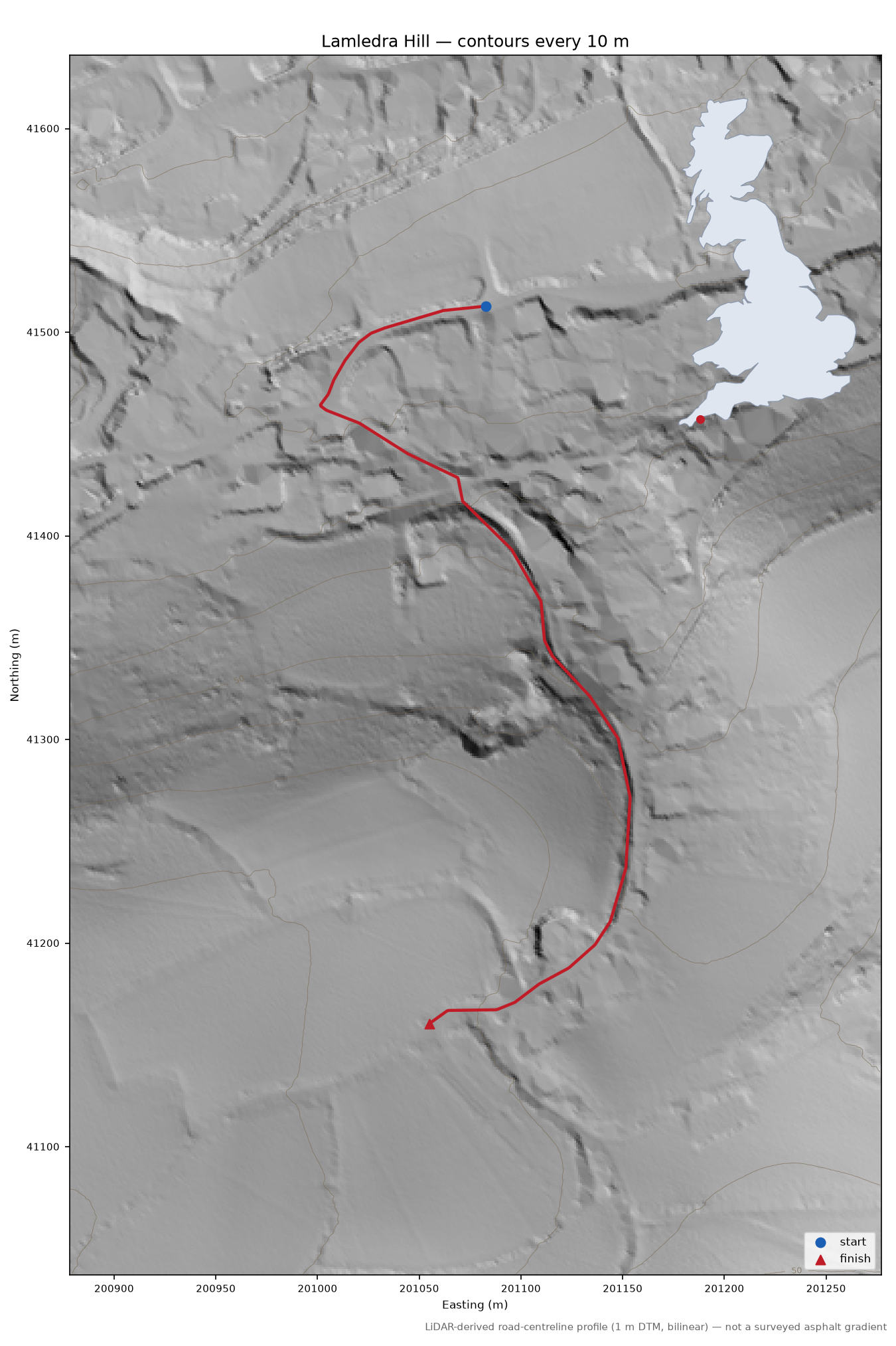 Lamledra Hill LiDAR hillshade map with contours