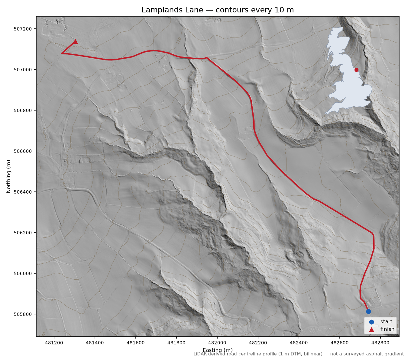 Lamplands Lane LiDAR hillshade map with contours