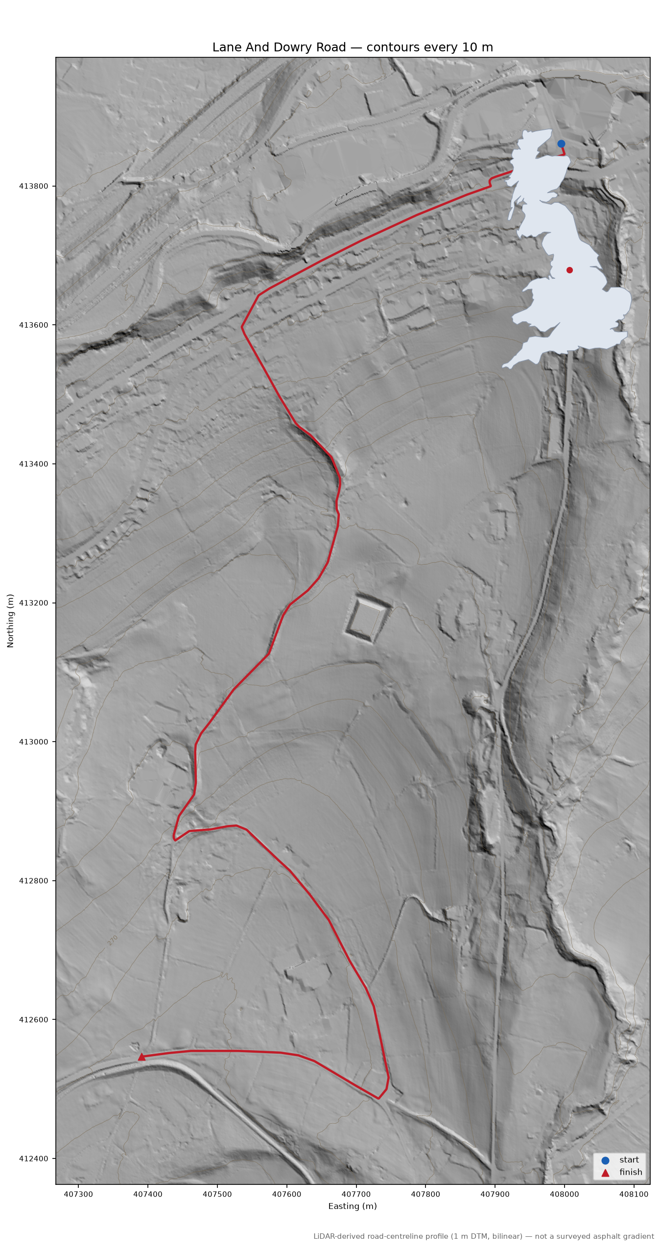 Lane And Dowry Road LiDAR hillshade map with contours