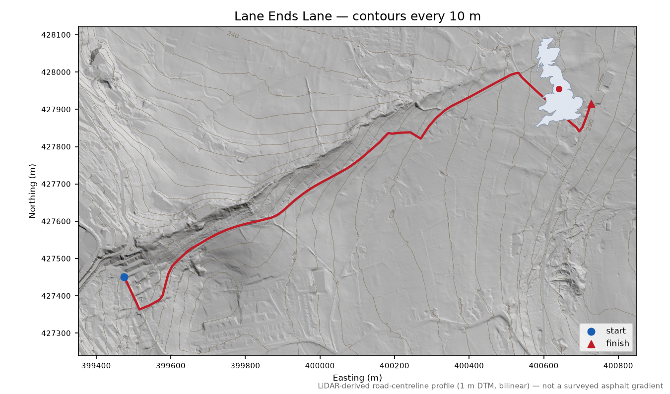 Lane Ends Lane LiDAR hillshade map with contours