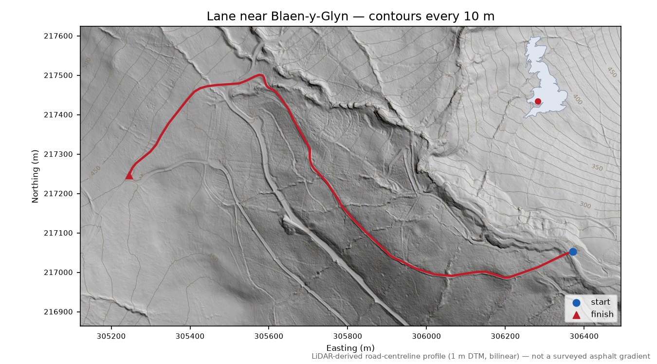 Lane near Blaen-y-Glyn LiDAR hillshade map with contours
