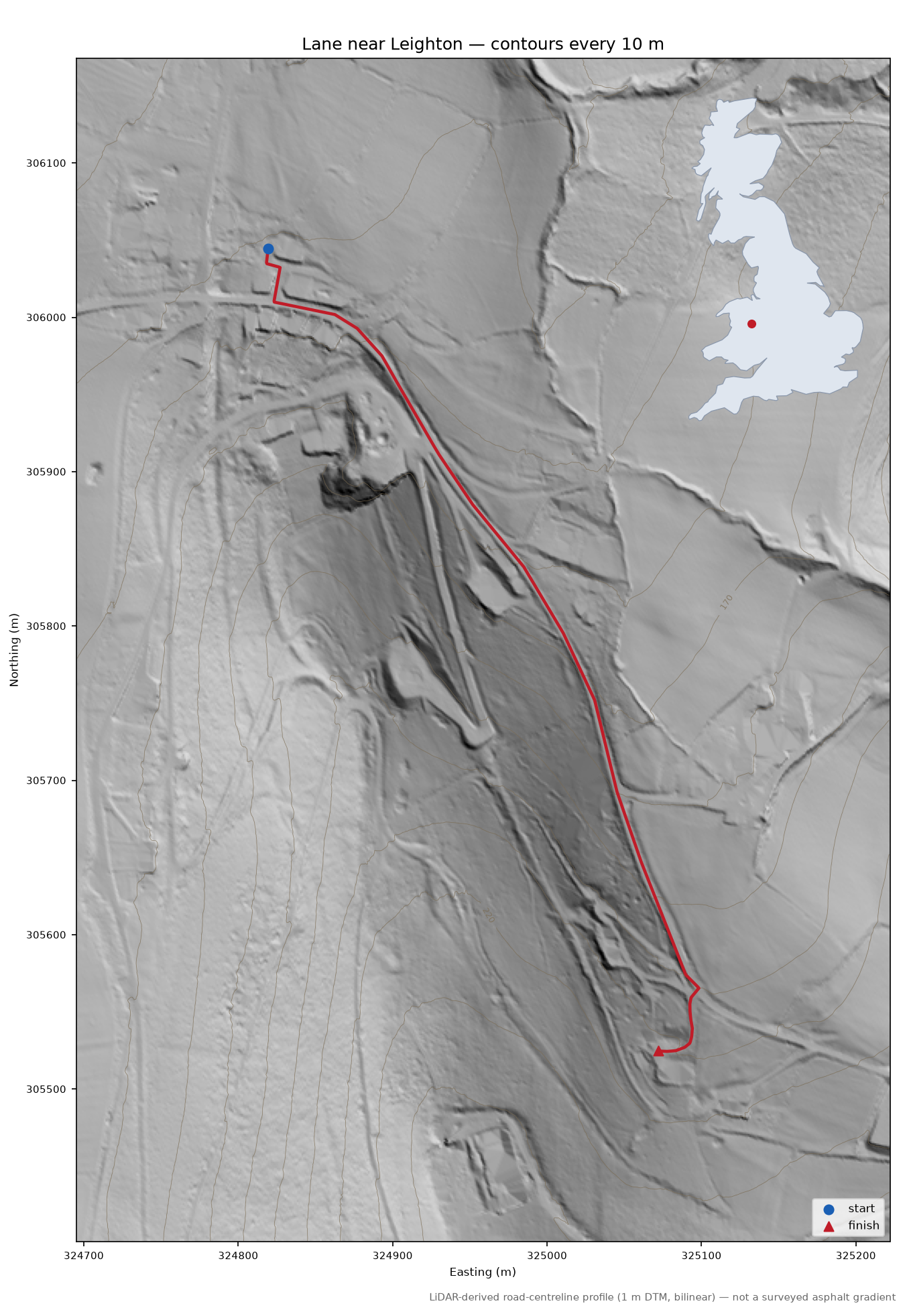 Lane near Leighton LiDAR hillshade map with contours