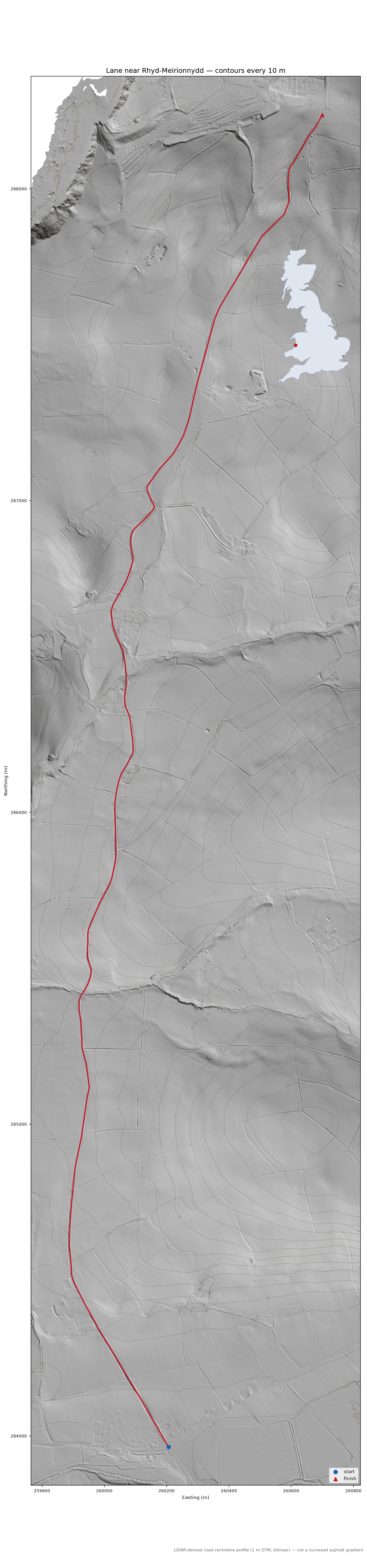 Lane near Rhyd-Meirionnydd LiDAR hillshade map with contours