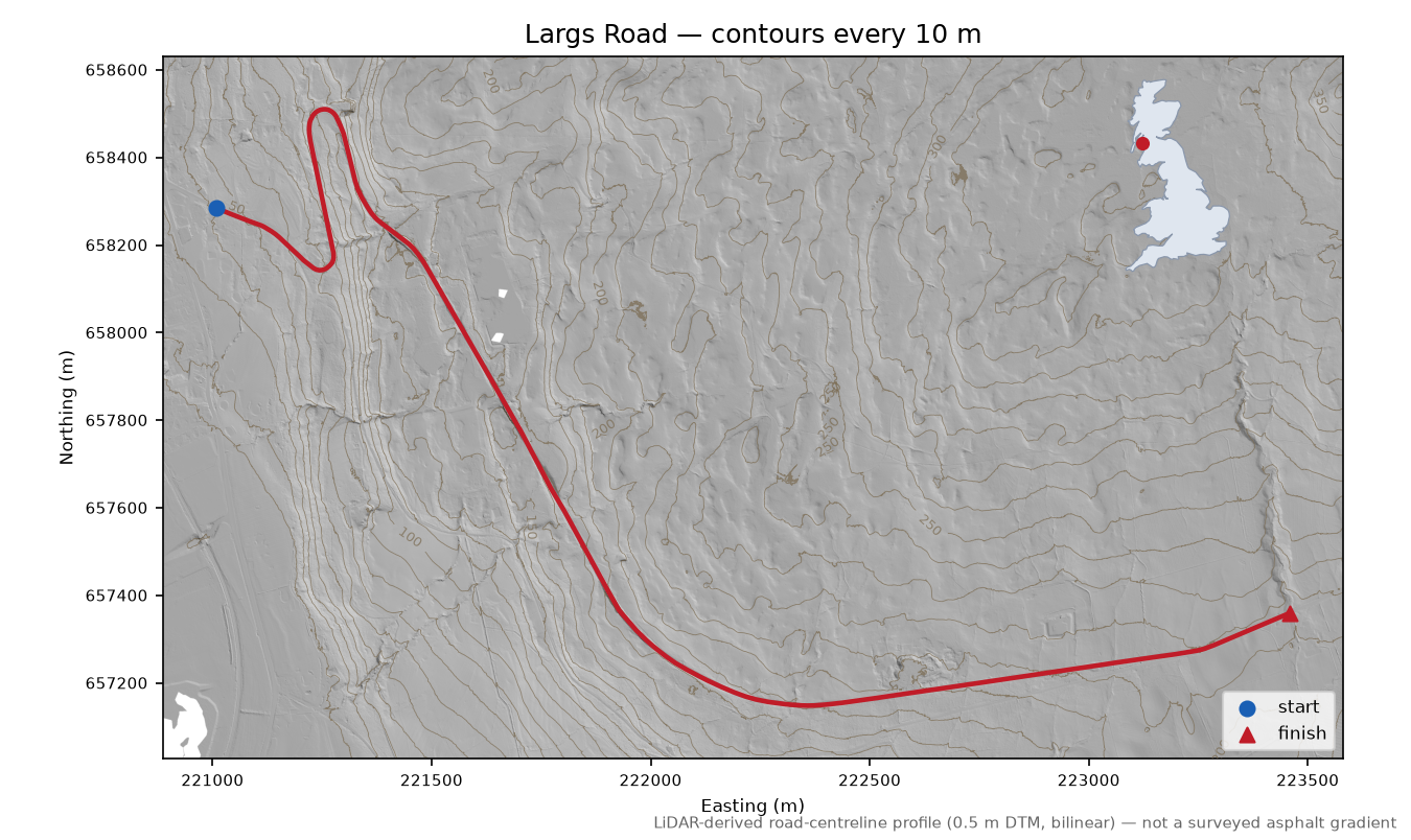 Largs Road LiDAR hillshade map with contours