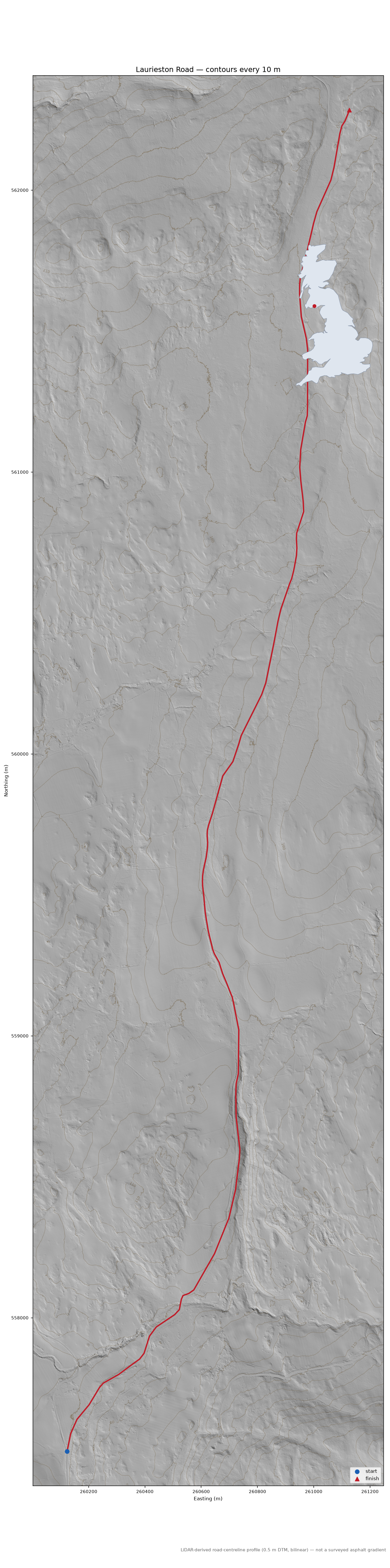 Laurieston Road LiDAR hillshade map with contours