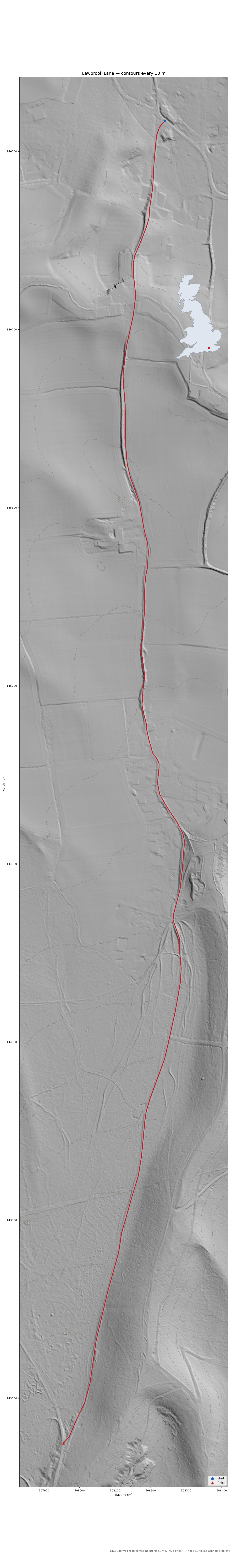Lawbrook Lane LiDAR hillshade map with contours
