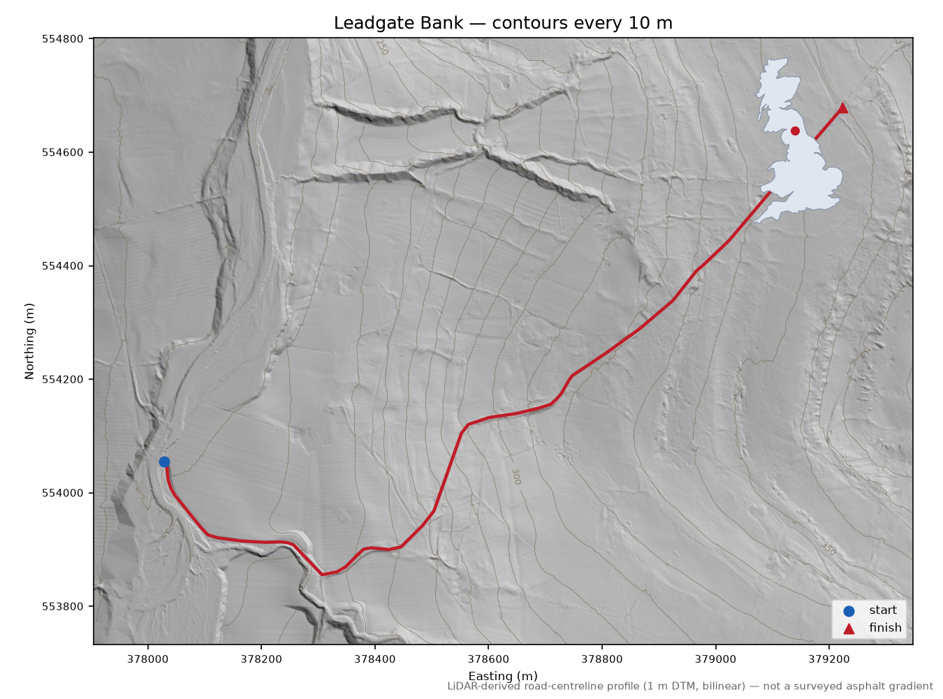 Leadgate Bank LiDAR hillshade map with contours